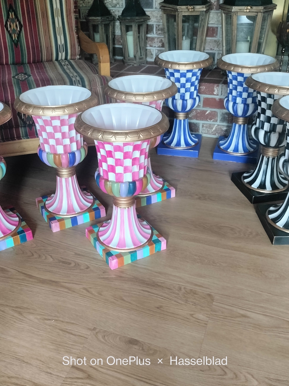 Pair (2) Of Checkered  Multi-Color Urn Planters 20 X 12" Hand Painted By Me
